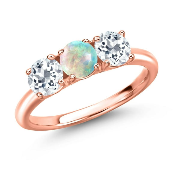 Gem Stone King 18K Rose Gold Plated Silver Simulated White Opal and White Topaz Engagement Ring for Women | 1.70 Cttw | Round Cabochon 5MM | Gemstone October Birthstone | Size 6