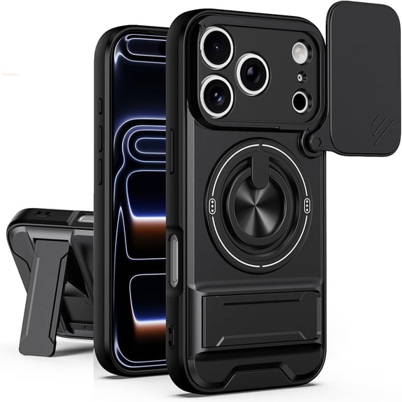 MUKO for iPhone 17 Pro Max case with 360°Rotation Magnetic Ring Compatible with MagSafe Slide Camera Cover Foldable Stand Military-Grade Shockproof Protective case (Black, iPhone 17 Pro Max)