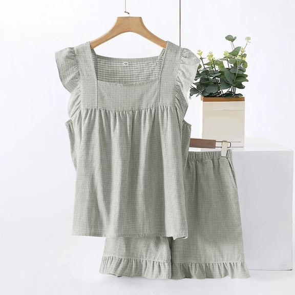 Timegard Short Sets for Women 2 Piece Ruffle Sleeve Tank Tops Shorts Pajamas Outfits Summer Loose Homewear