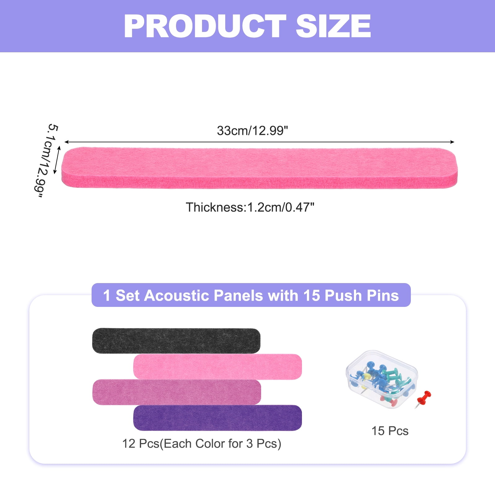 Uxcell 12 Pcs B1 Rectangle Acoustic Panels 12.99'' x 2.01'' with Push Pins Purple Black Rose Red Water Red