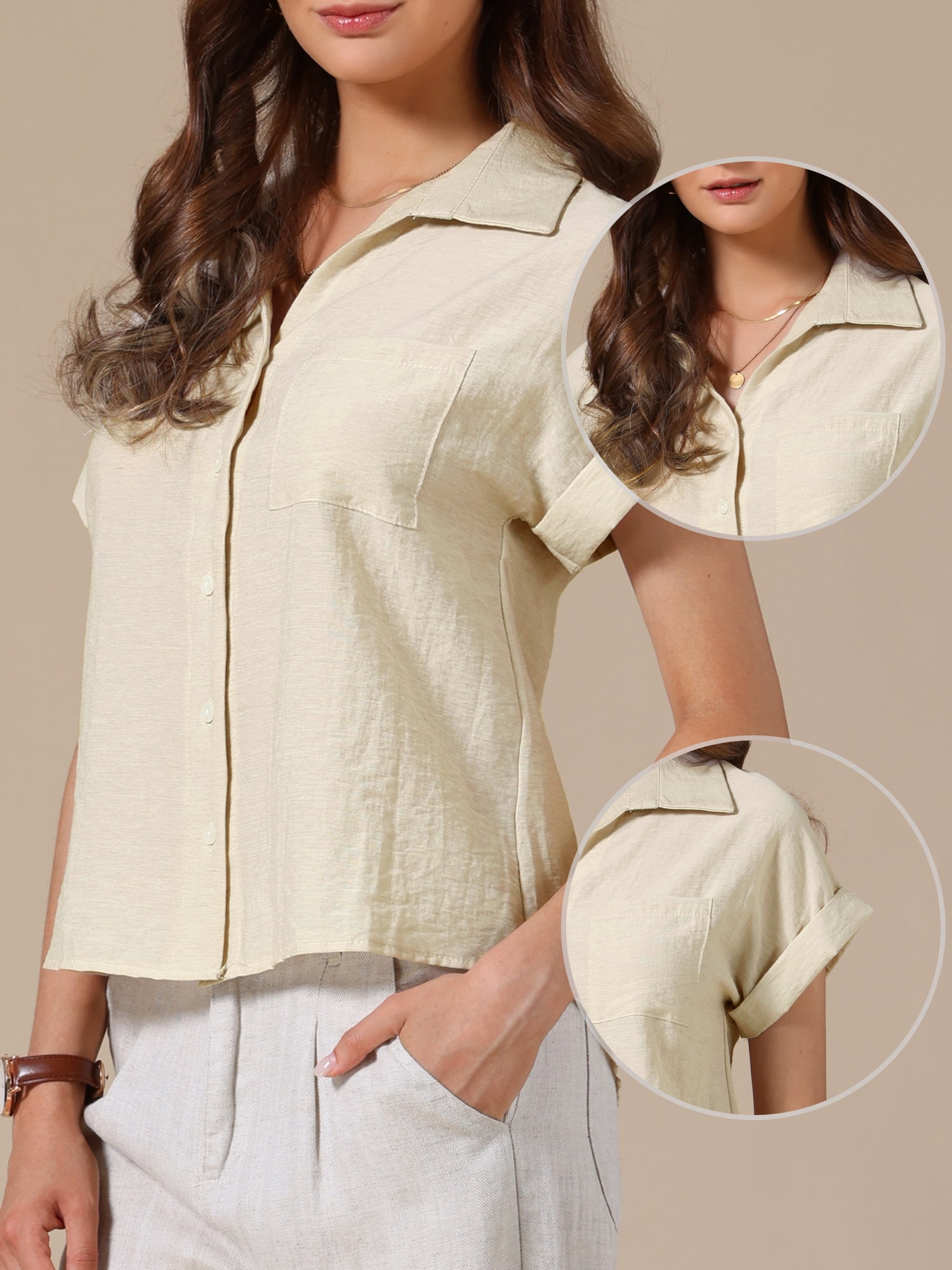 DARING DIVA Women's Button Up Casual Work Short Sleeve Collared Blouse M Khaki
