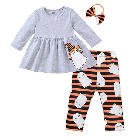 

UACY Toddler Girls Outfits Hallo-ween Cartoon Print Long Sleeve Round Neck Big Hem Top + Cute Elastic Pants with Hairband Holiday Set Clothes