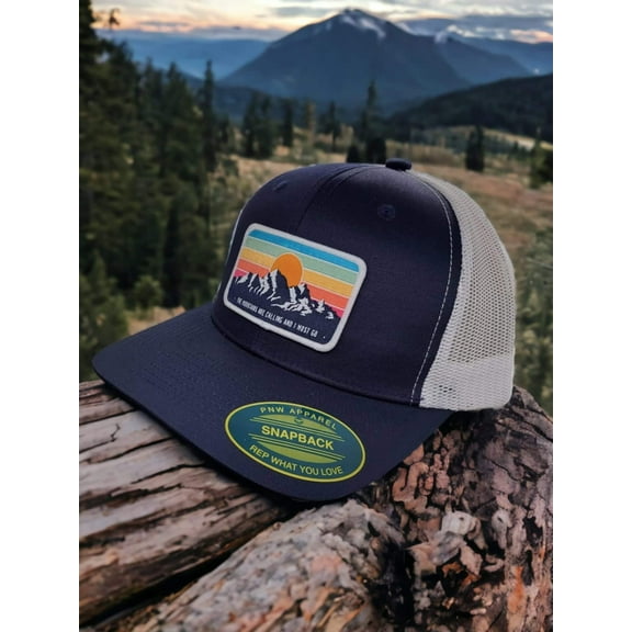 Mountains Trucker Hat with Vintage Style Patch - Navy Blue on White Mesh