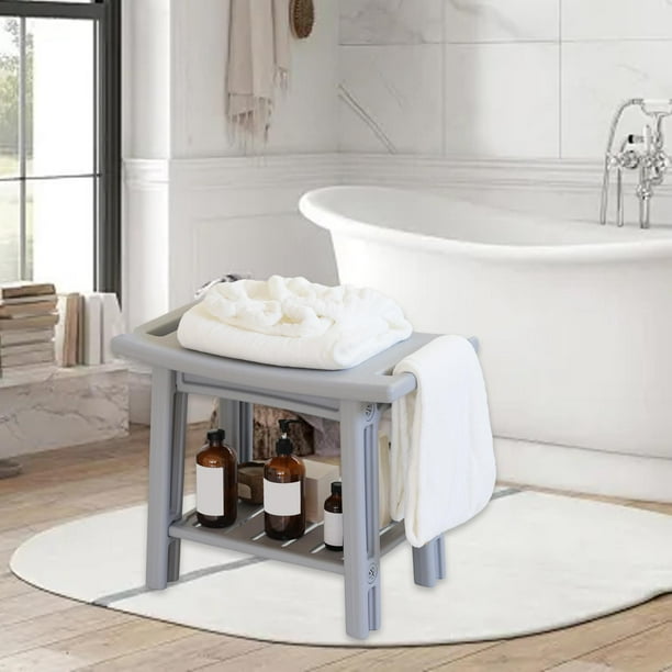 Banco de ducha, taburete, silla de baño, organizador para interior y exterior con estante de almacenamiento y asa, asiento de baño para personas mayor Gris
