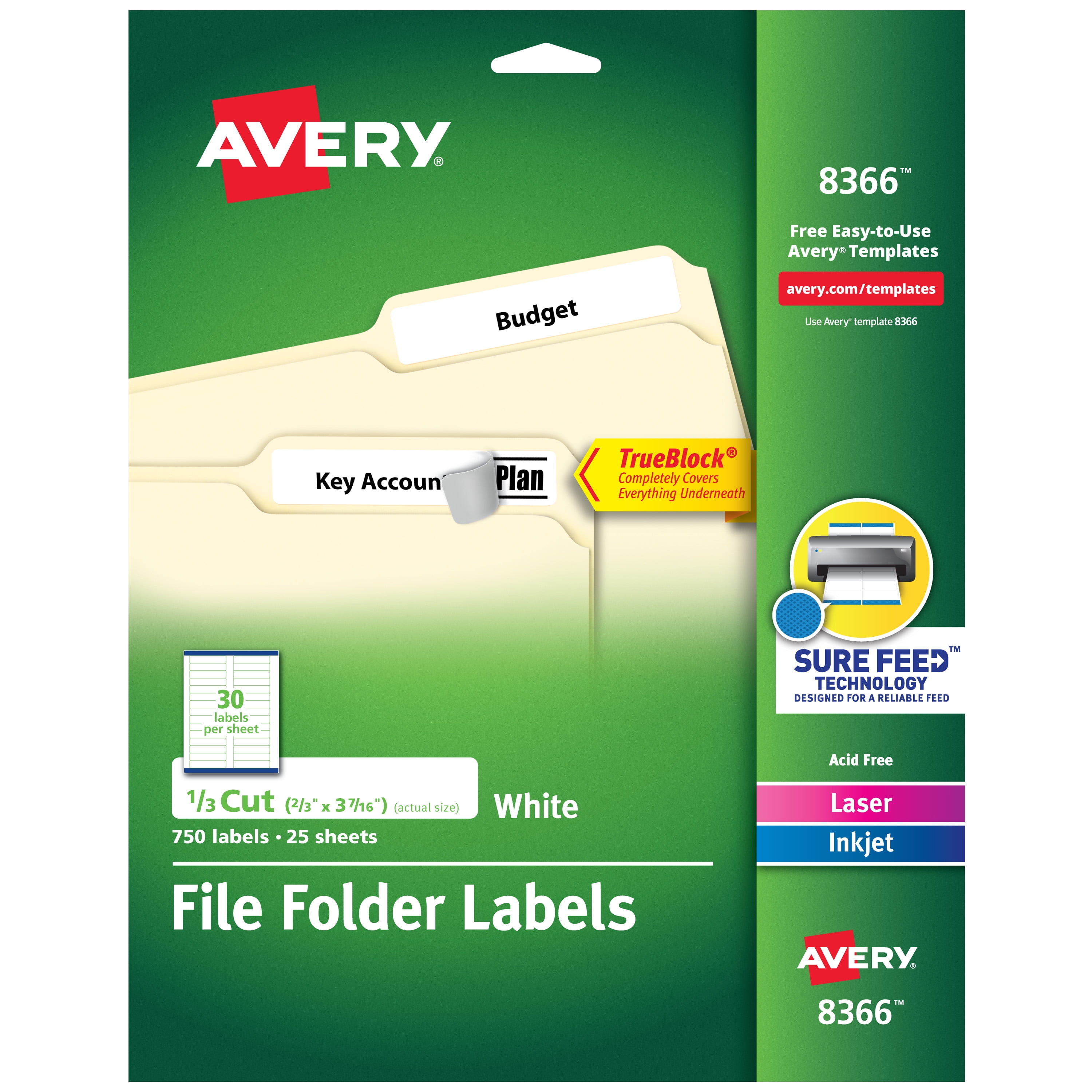 White 05202 1/3 Cut - 1 Pack of 252 Laser and Inkjet Printers Avery File Folder Labels 