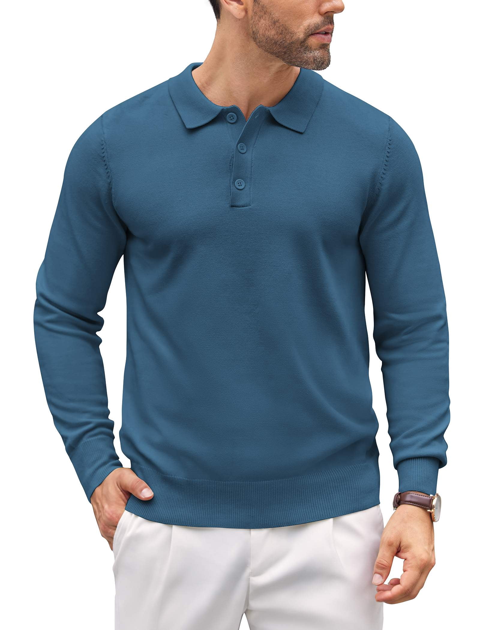 COOFANDY Mens Knit Polo Shirts Casual Long Sleeve Classic Polo Shirts Button Down Golf Shirts Cream