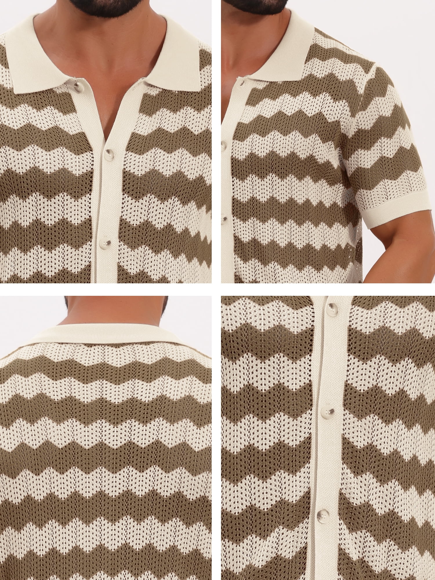 DARING DIVA Men's Wave Crochet Hollow Out Button Down Striped Shirts L Brown