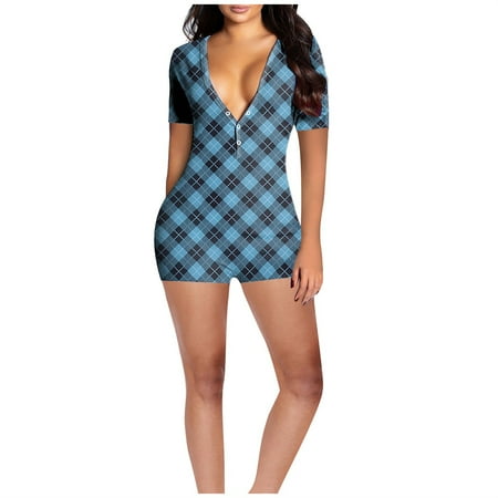 

Chiccall Lounge Sets for Women Sexy Onesies Pajamas Short Sleeve Plaid Heart Print One Piece Jumpsuits Bodycon Club Party Shorts Rompers with Butt Flap on Clearance