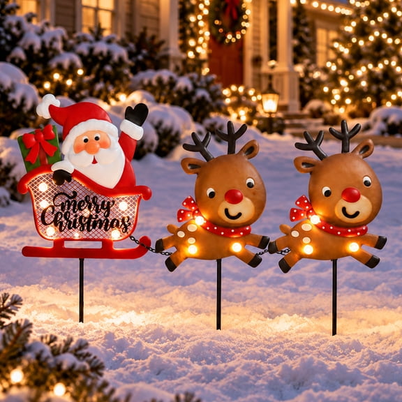 Christmas Yard Stake Lights Set, Santa on Sled Pulled by 2 Reindeer, LED Decorative Garden Stakes for Outdoor Lawn Pathway Christmas Holiday Decorations