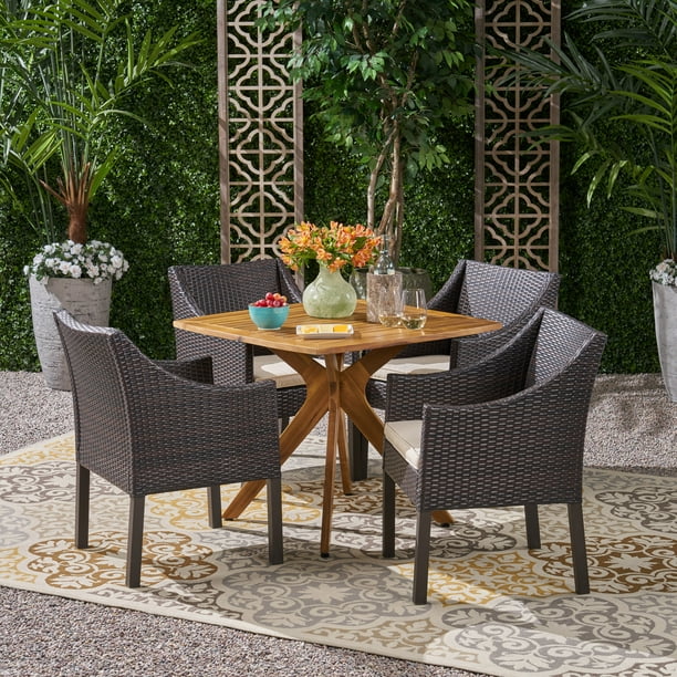 Sloan Outdoor 5 Piece Wood and Wicker Dining Set, Teak, Multi Brown