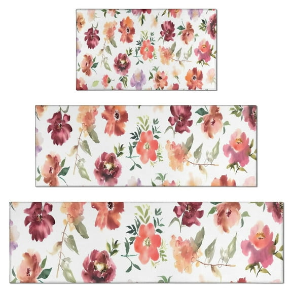 Pioneer Flower Floral Print Pattern Kitchen Rugs Sets Of 3,Kitchen Runner Rugs Non Skid Washable,Decorative Kitchen Floor Mats for Kitchen,Sink,Laundry,17"x30" 17"x47" 17"x59"