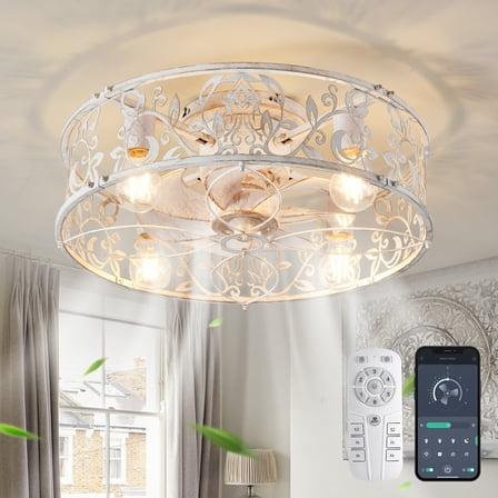 Garwarm Caged Ceiling Fan with Light, Bladeless Fandelier with Remote Control, 20" Small Low Profile Ceiling Fans Flush Mount for Office & Bedroom Assembly Require