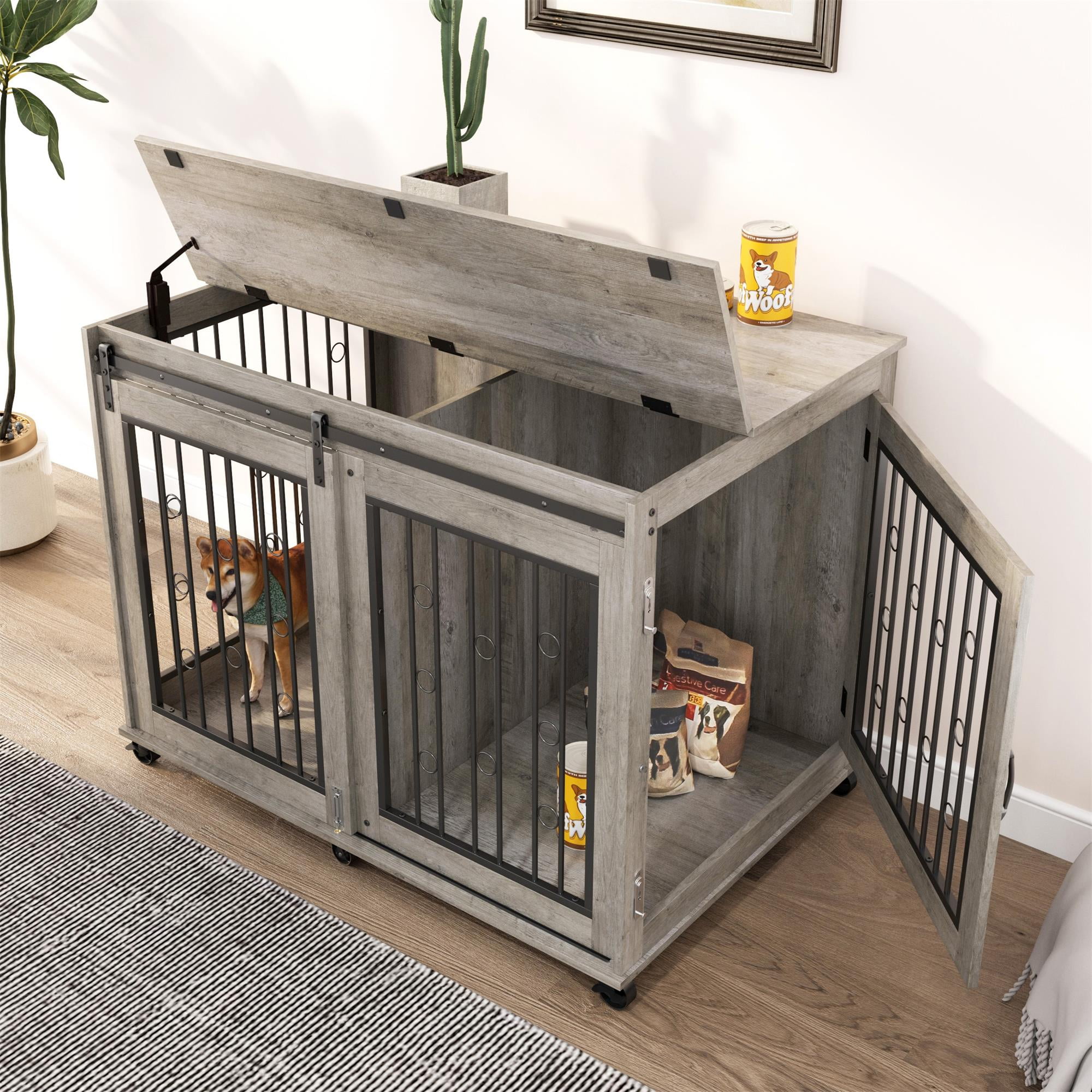 Pefilos 43" Sliding Door Dog Crate with Partition for Two Puppies, Furniture Style Dog Cage with Wheels, Indoor Kennel, Gray Pefilos 43" Sliding Door Dog Crate with Partition for Two Puppies, Furniture Style Dog Cage with Wheels, Indoor Kennel, Gray