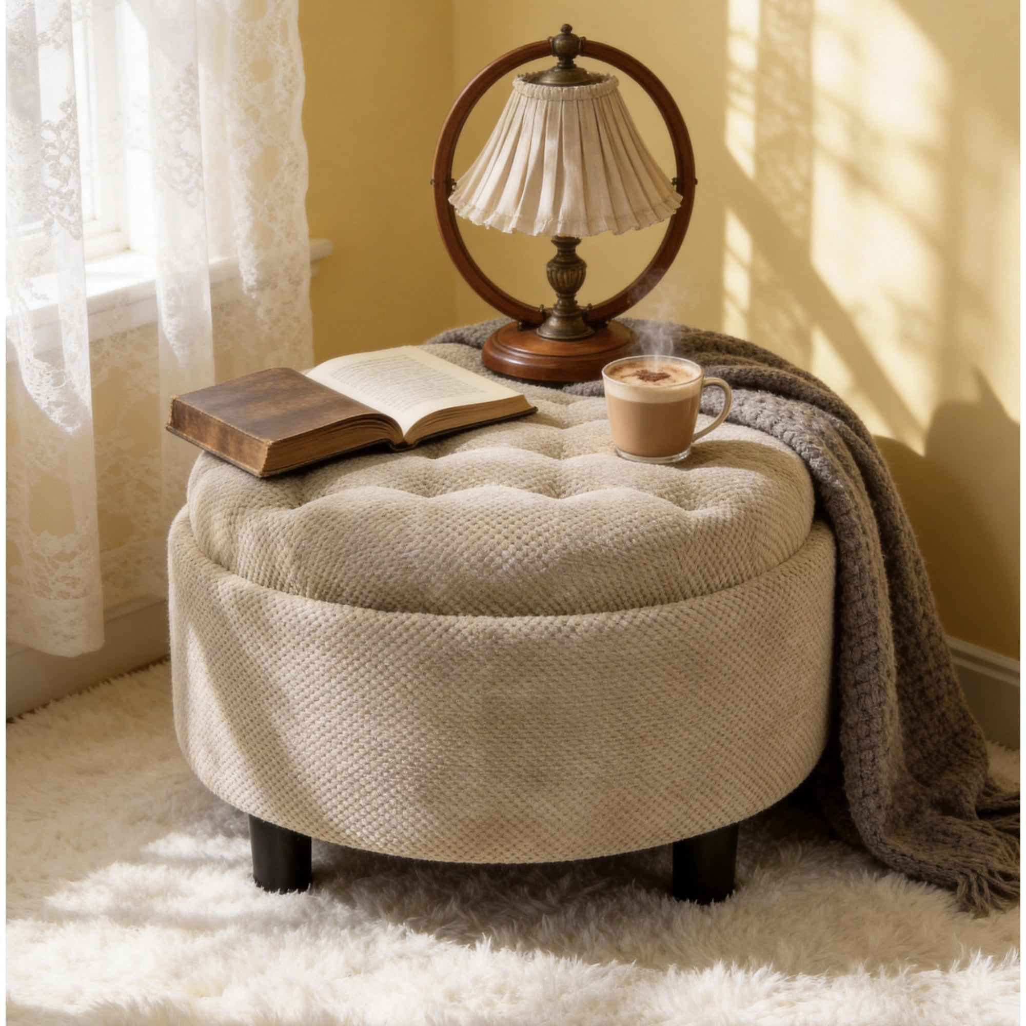 Leumius Storage Ottoman Bench,Round Coffee Table Ottoman,Wooden Top Side Table with Hidden Storage for Living Room,Bedroom,Camel