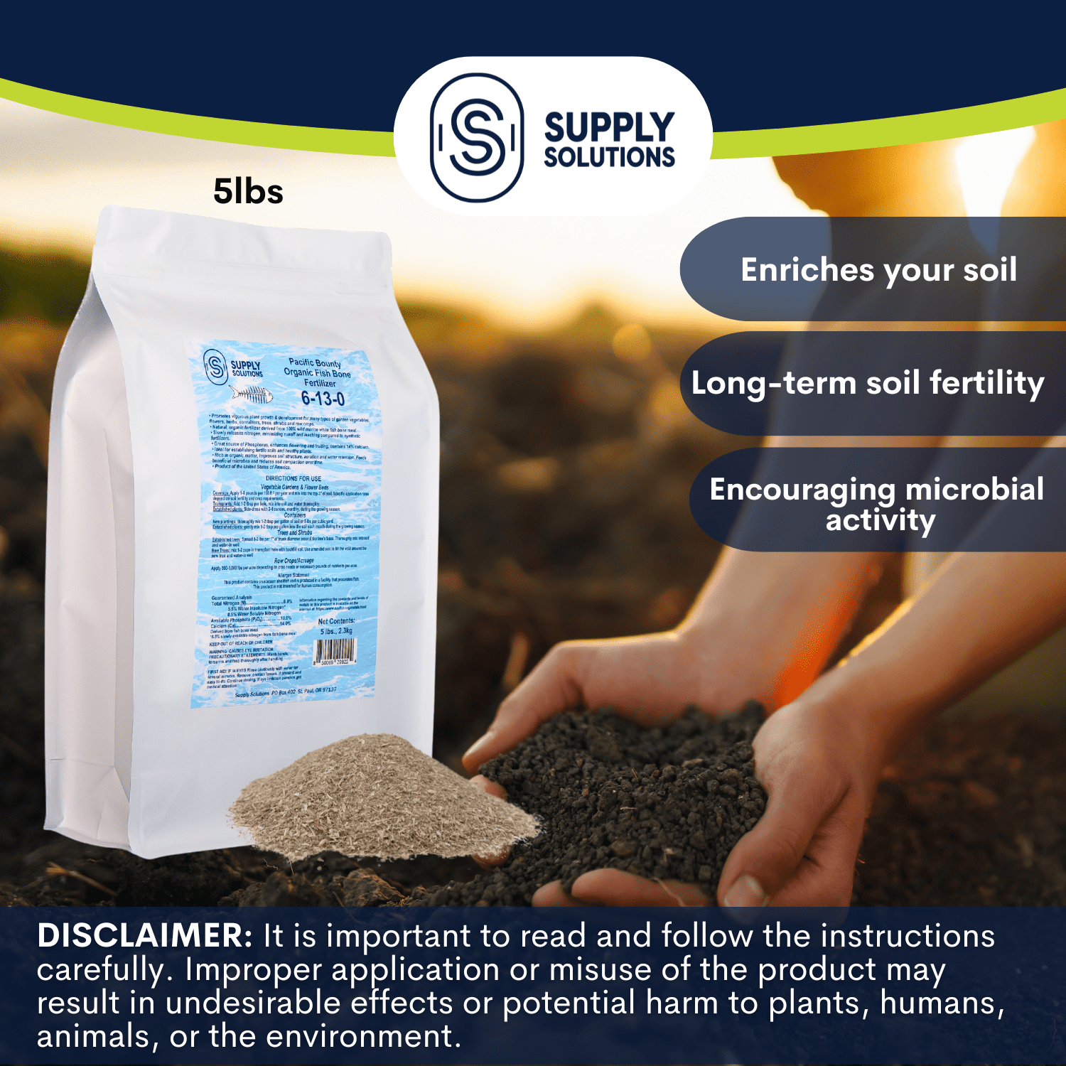 Supply Solutions Pacific Bounty Organic Fish Bone Meal Fertilizer 6-13-0 - Plus 14% Calcium for Plants Root Development- High Phosphorus Plant Food for Tomatoes, Flowers, Bulbs, Veggies (5lbs)