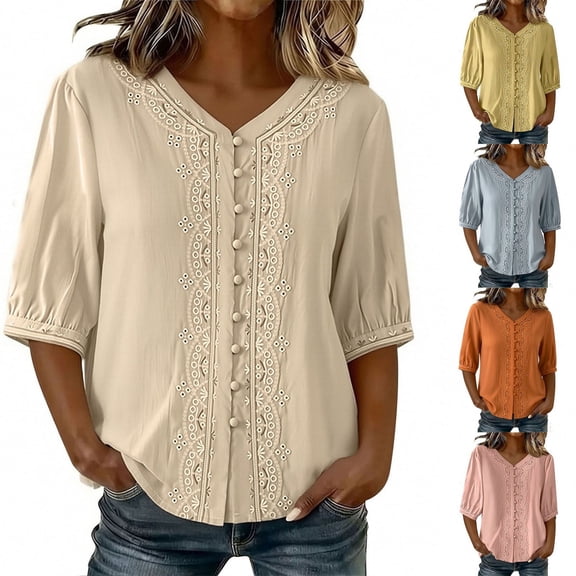 Ihhxva Women's Linen Tops V-Neck Embroidered Blouse Loose Fit Cotton Top Casual Summer Beach Tunic Flowy Boho Chic M-2XL