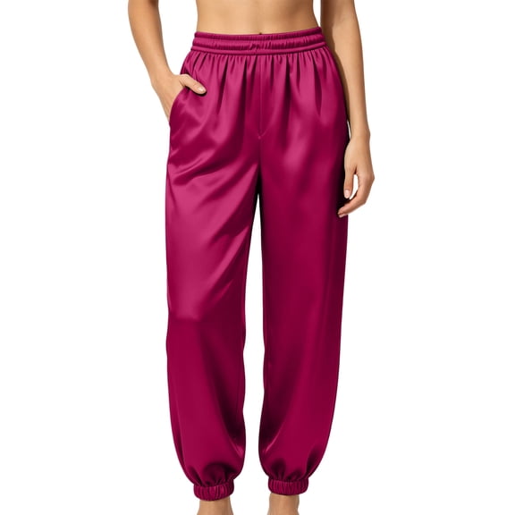 BVnarty Women's Elastic High Waist Tapered Jogger Pants with Side Pockets, Relaxed Fit Casual Trousers for Game Night Hot Pink L