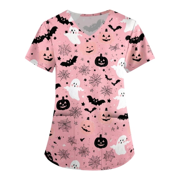 Womens V Neck Short Sleeve Scrub Tops Halloween Nursing Scrubs Fall Holiday Medical Uniform Shirts Healthcare Worker Work Tops Pink S