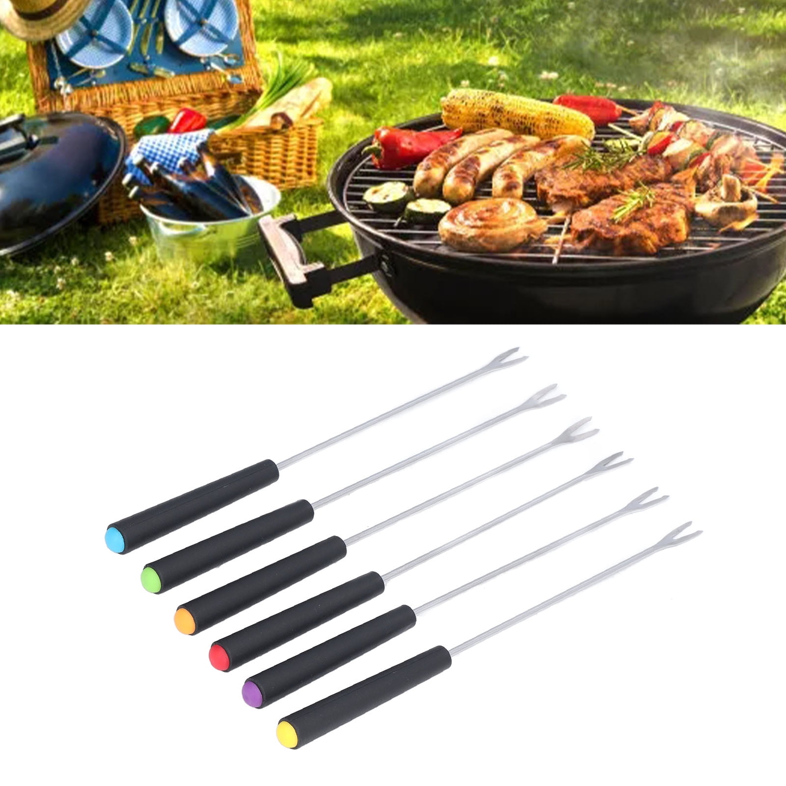 Set De 6 Fourchettes à Fondue En Acier Inoxydable - Manche En Bois Résistant à La Chaleur - Pour Fromage, Chocolat, Fruits, Camping, Pique-nique