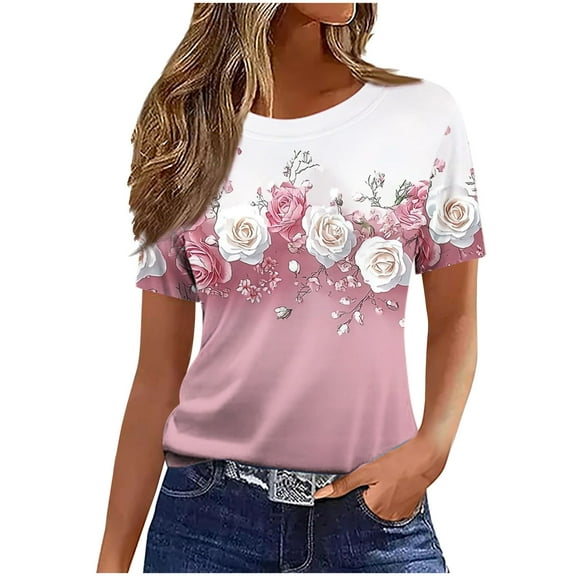 T Shirts for Women Women's Casual and Fashionable Printed T-Shirt with Round Neck and Short Sleeved