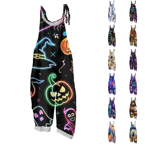 Halloween Jumpsuits for Women Linen Spaghetti Strap Overalls Floral Print Loose Sleeveless Romper for Party