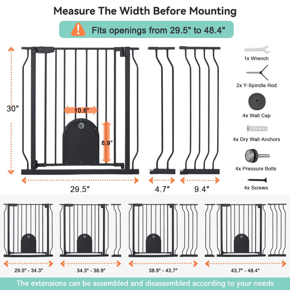 Caveen 29.5-48.4" Wide Pet Safety Gate with Cat Door Pressure Mount, Black
