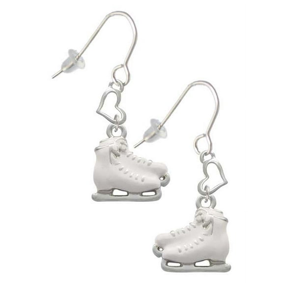 Silvertone White Ice Skates Heart French Earrings
