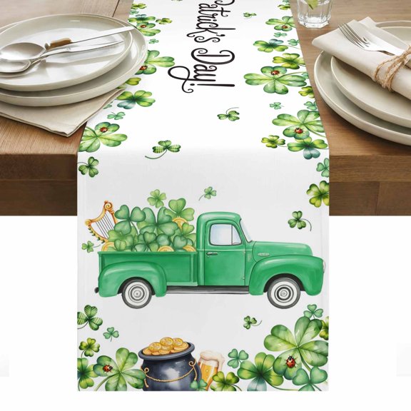 St. Patrick's Day Table Runner - 90 Inch Long, Kitchen Dining Table Runner Dresser Scarves, Spring Lucky Shamrocks Green Truck Country Farmhouse Decor for Coffee Tables Wedding Party Banquet