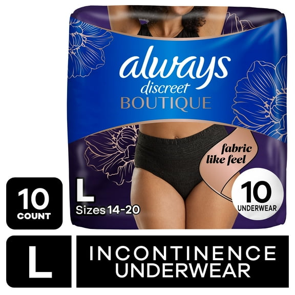 Always Discreet Boutique Incontinence Underwear, Maximum Protection, L, Black, 10 Count