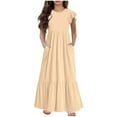 thumbnail image 2 of Meichang Girls Summer Dresses Flutter Short Sleeve Crew Neck Ruffle Tiered Dress Swing Loose Fit Pockets Maxi Dresses Casual A-Line Beach Dress Khaki 160, 2 of 6