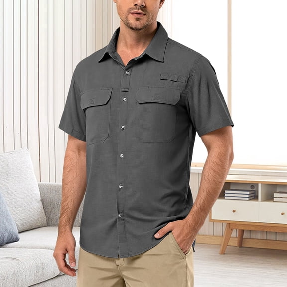 BUWTTED Shirts for Men with Double Chest Pockets Lightweight Short Sleeve Summer Breathable Button Down Hiking Travel Work Grey Shirt L