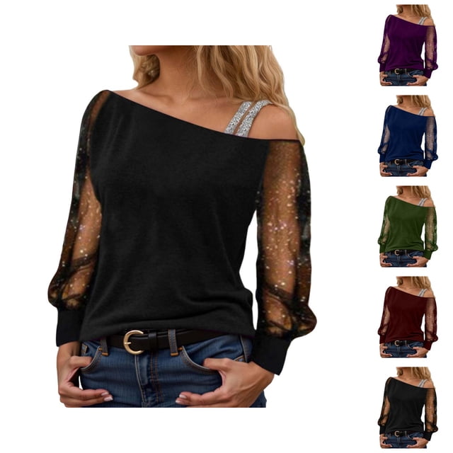 Womens Sparkle Top 2026 Spring Fashion Y2K Long Sleeve Off Shoulder Mesh T Shirt Going out Tops Rave Outfits