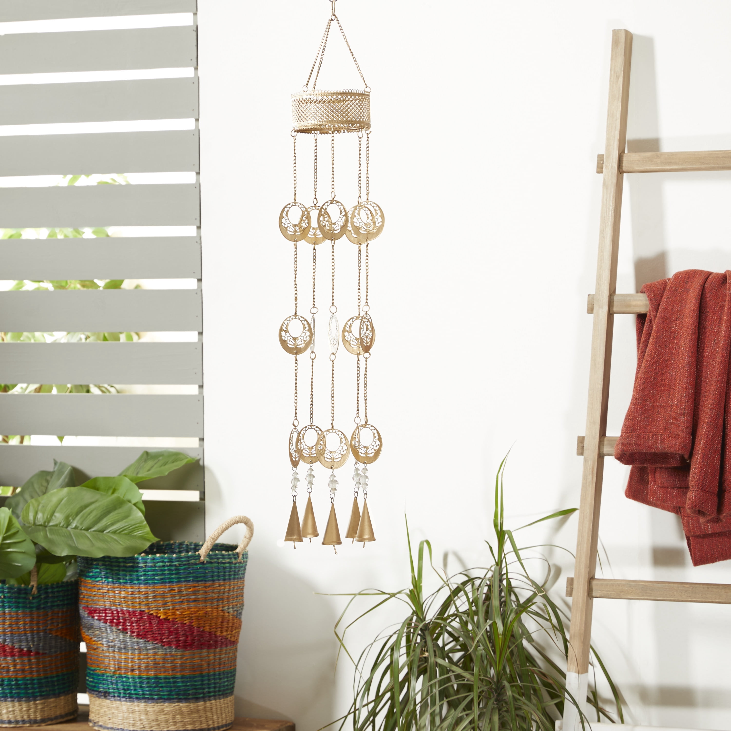 DecMode 35" Gold Metal Indoor Outdoor Arabesque Geometric Windchime with Glass Beads and Cone Bells