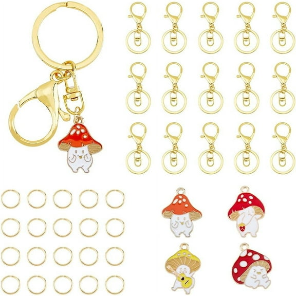 Keychain Making Kit 16Pcs Golden Lobster Claw Clasp Keychains 20Pcs Small Split Key Chain Ring 16Pcs 4 Styles Mushroom Charms Alloy Kawaii Keychains for Backpack Purse Accessories colorful