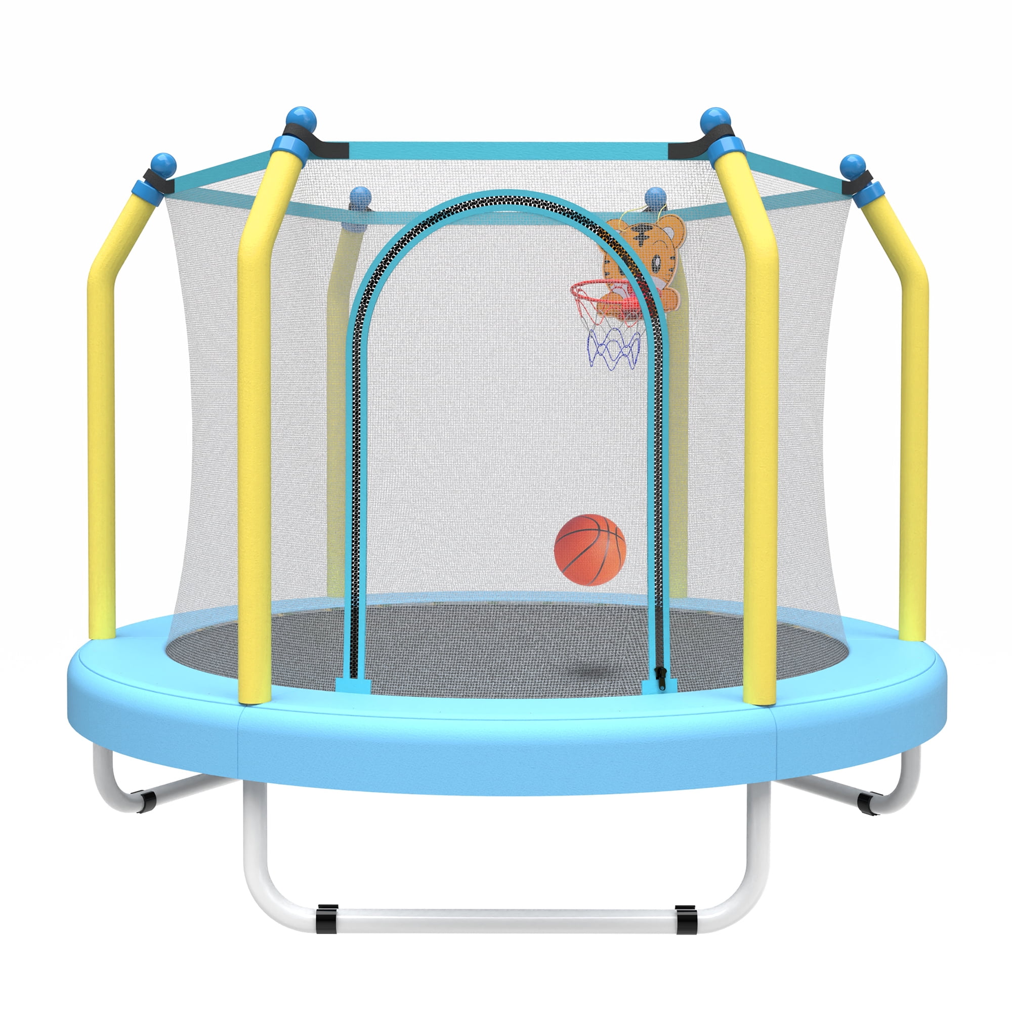 Leumius 55inch Trampoline for Kids, Outdoor Mini Trampoline with Enclosure and Basketball Hoop, Blue