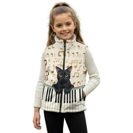 Xixirimido Cat Piano Music Notes Pattern Girls Fleece Vest Kids Zip-up Vest Sleeveless Stand Collar Jacket with Pockets Fall Winter Outerwear for 3T