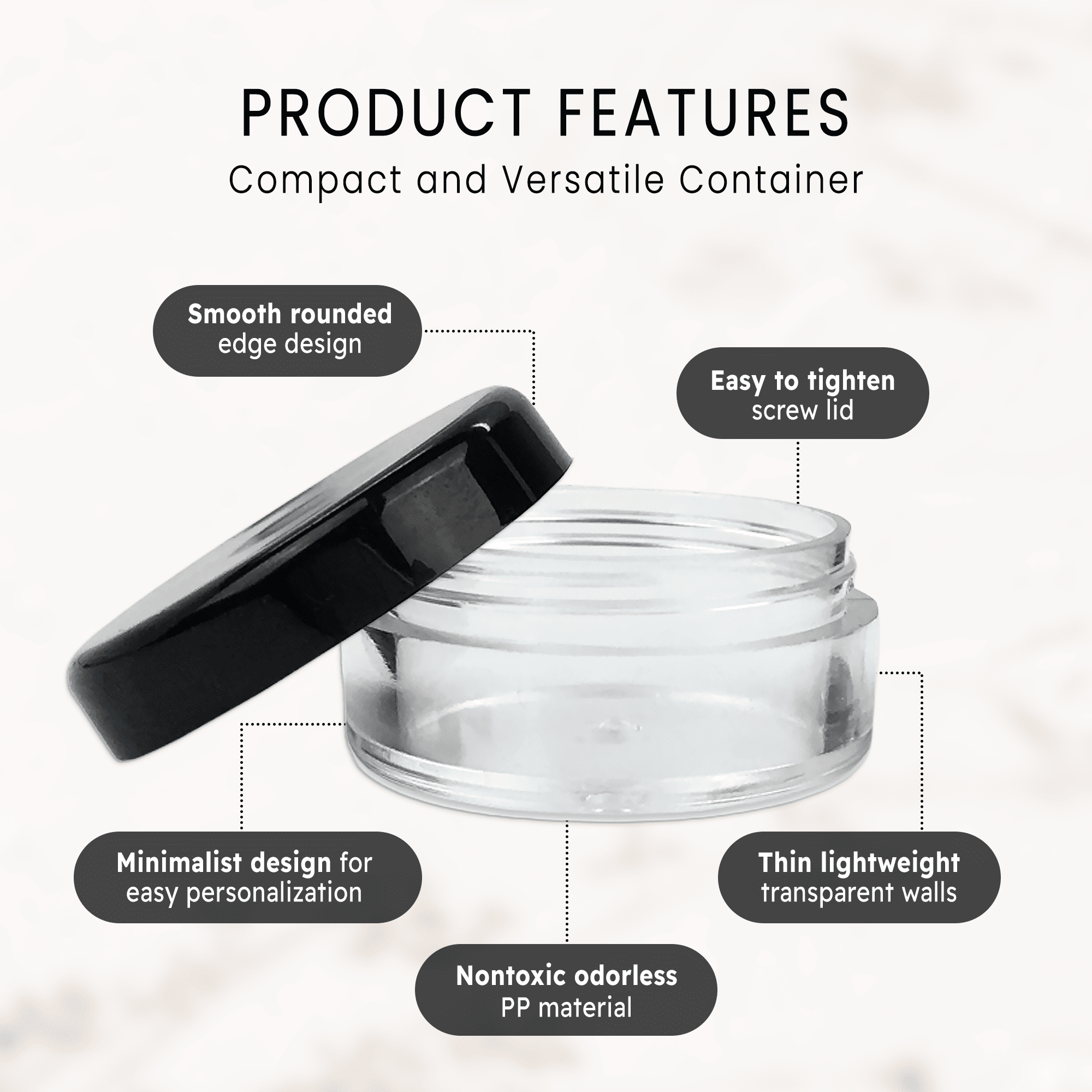 5g/5ml High Quality Acrylic Leak Proof Clear Container Jars with Black Lids (500 Jars)
