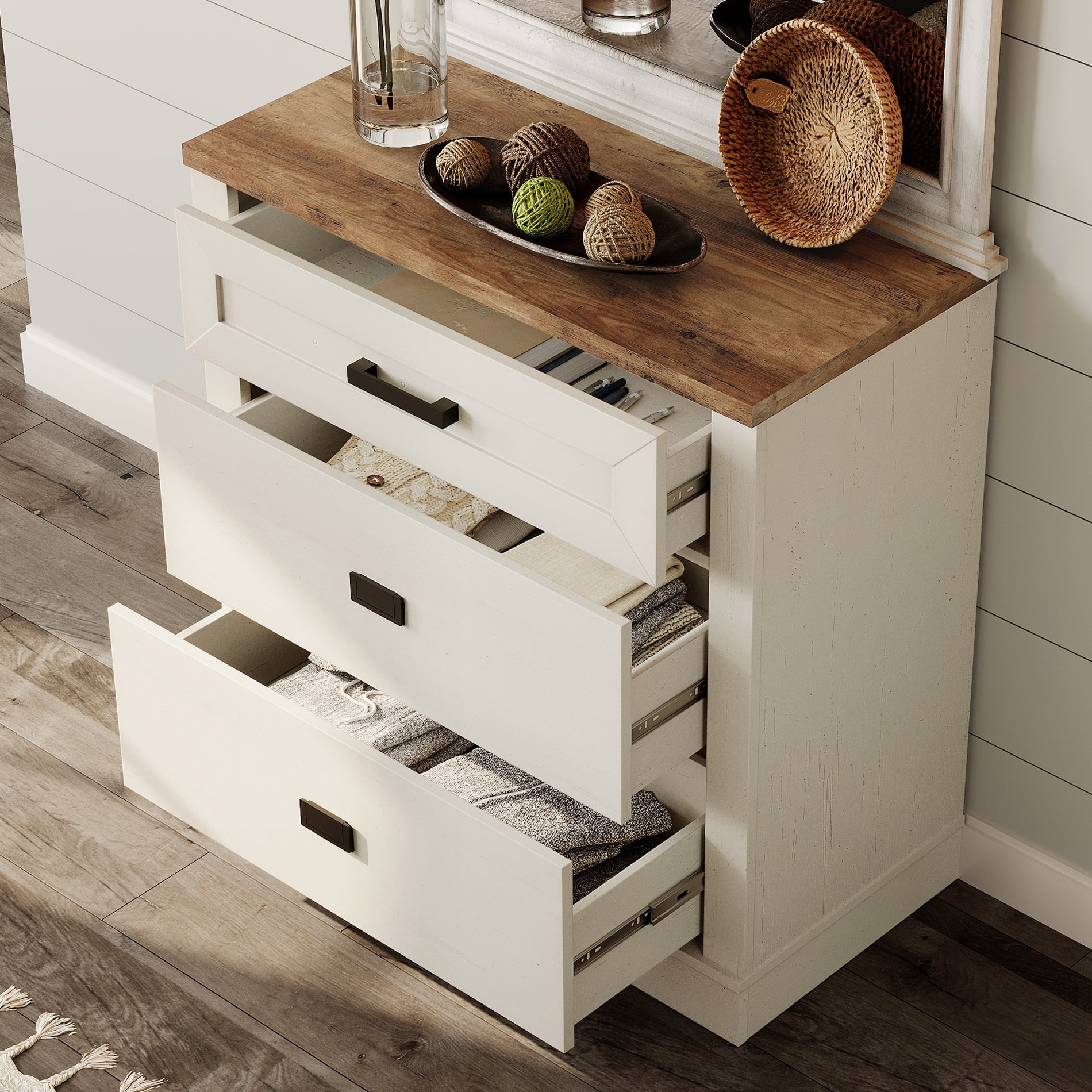 Farmhouse 4 in 1 Dresser TV Stand for 75 85 95" TVs ,Wood Entertainment Center with 6 Drawers Dresser Cabinet and Open Storage for Living Room ,White