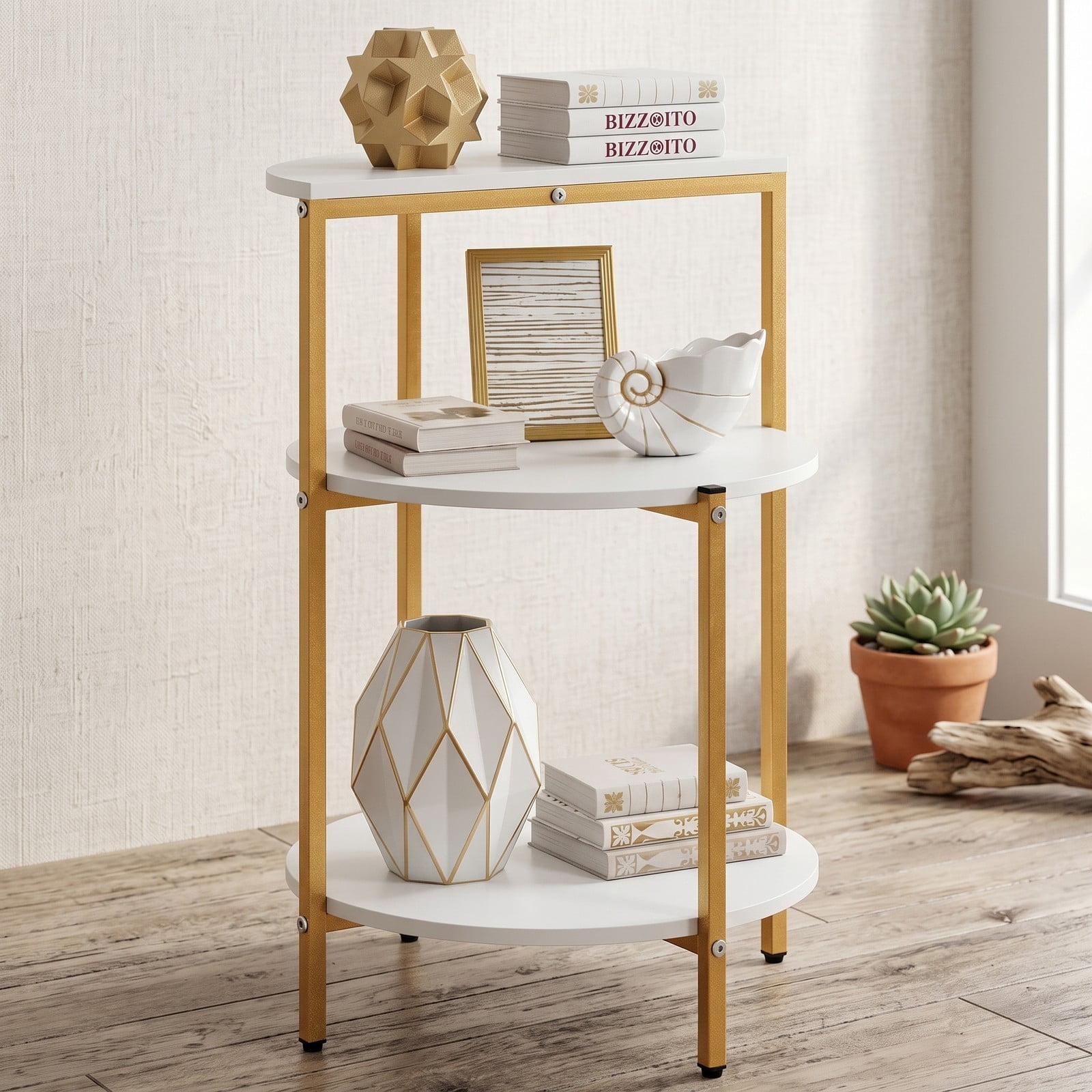 Furnibear 3-Tier Round End Table, Small Space Side Table Nightstand with Storage Shelves and X-Shaped Gold Metal Base for Living Room Bedroom Entryway, White & Gold