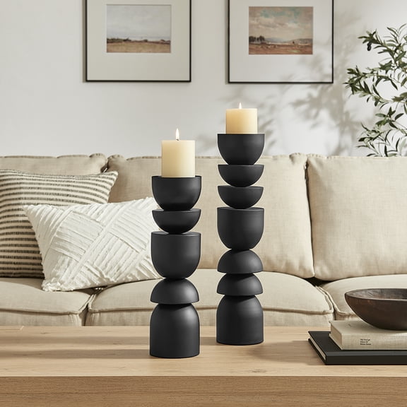 Stacked Sculptural Black Metal Candle Holder - Set of 2