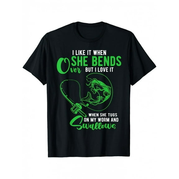 Fishing Rod SHE BENDS Print, Men'S Comfort Regular Cotton T-Shirt, Short-Sleeved Outdoor Top, Daily Wear