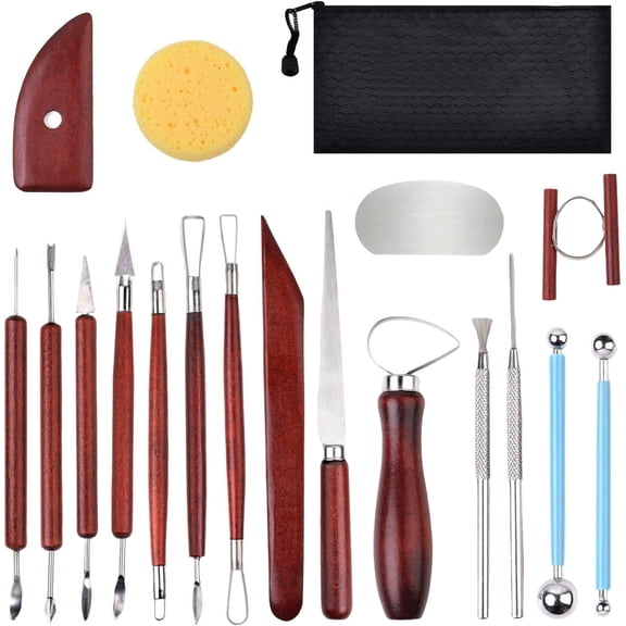 18PCS Clay Sculpting Tools, Basic Clay Pottery Carving Tool Kit with Wooden Handles and Tool Bag