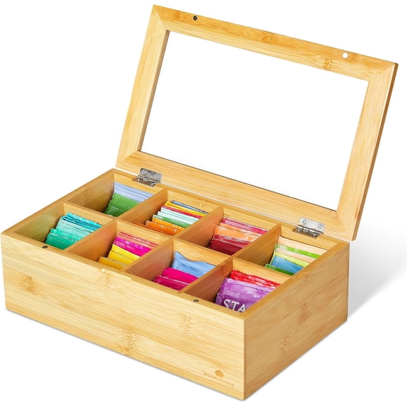 Big Natural Bamboo Tea Storage Organizer with Clear Acrylic Top Window, 8 Compartments Eco-Friendly Tea Bag Holder, Multi-Functional Storage Box