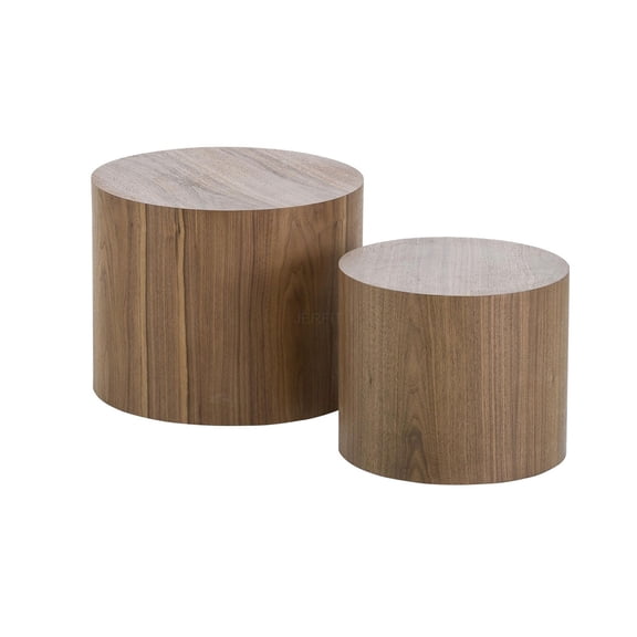 JERFIT Walnut Round Nesting End Tables, Set of 2 Modern MDF Veneer Ottoman Coffee Tables for Living Room, Bedroom, No Assembly Required