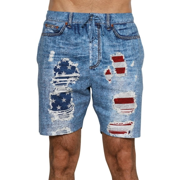 Mens USA flag Shorts Star and Stripes Under All Faux Denim Slim Jam America, Blue, Size: M