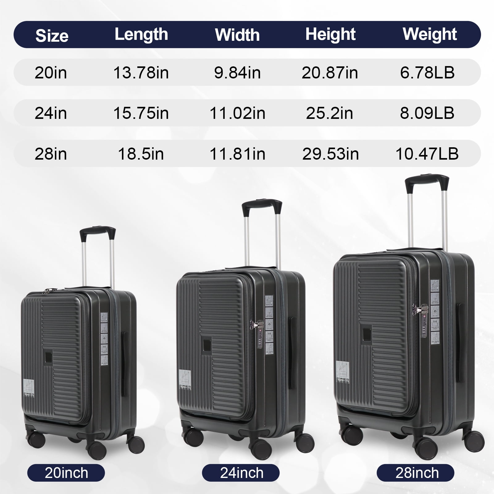 Luggage With Front Opening, Hardshell Suitcase, Grey
