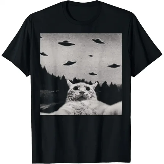 Alien Cat UFO Abduction Funny Space Kitty Graphic Unisex T-Shirt, up to Size 5XL