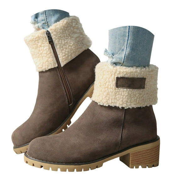 YLYL Women Suede Snow Boots Fleece Lined Chunky Mid Heel Round Toe Winter Warm Ankle Booties