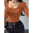 thumbnail image 5 of Women'S Long Sleeve Tops, Scoop Neck Ribbed Knit Shirt Slim Fit Pullover Sweater Casual Basic Thermal Shirt Dark Brown L, 5 of 9