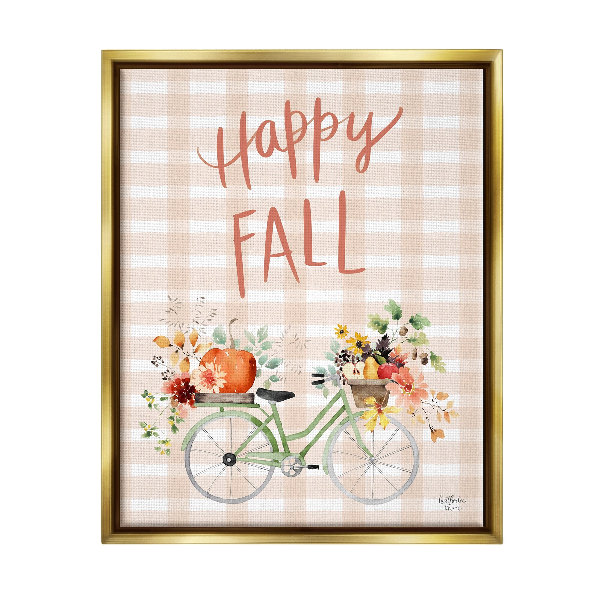 Stupell Industries Happy Fall Plaid Seasonal Flowers Blooming Bicycle Graphic Art Metallic Gold Floating Framed Canvas Print Wall Art, Design by Heatherlee Chan